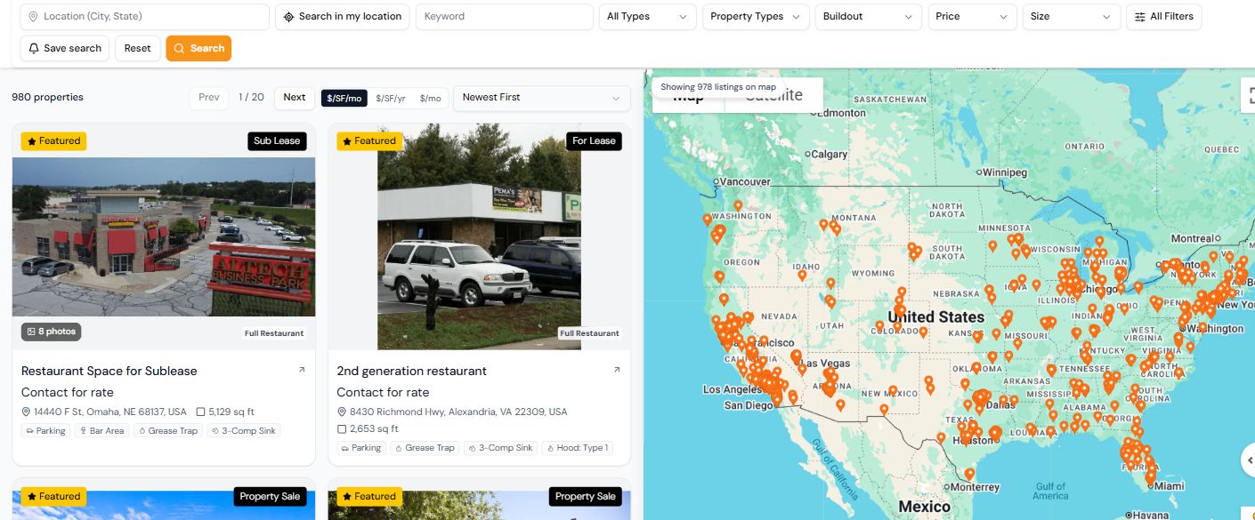 PepperLot restaurant marketplace with listing cards, search filters, and a map with location pins.